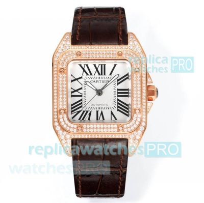 Swiss Clone Cartier Santos Ladies Watch Rose Gold Diamond Set 100th Anniversary Edition 